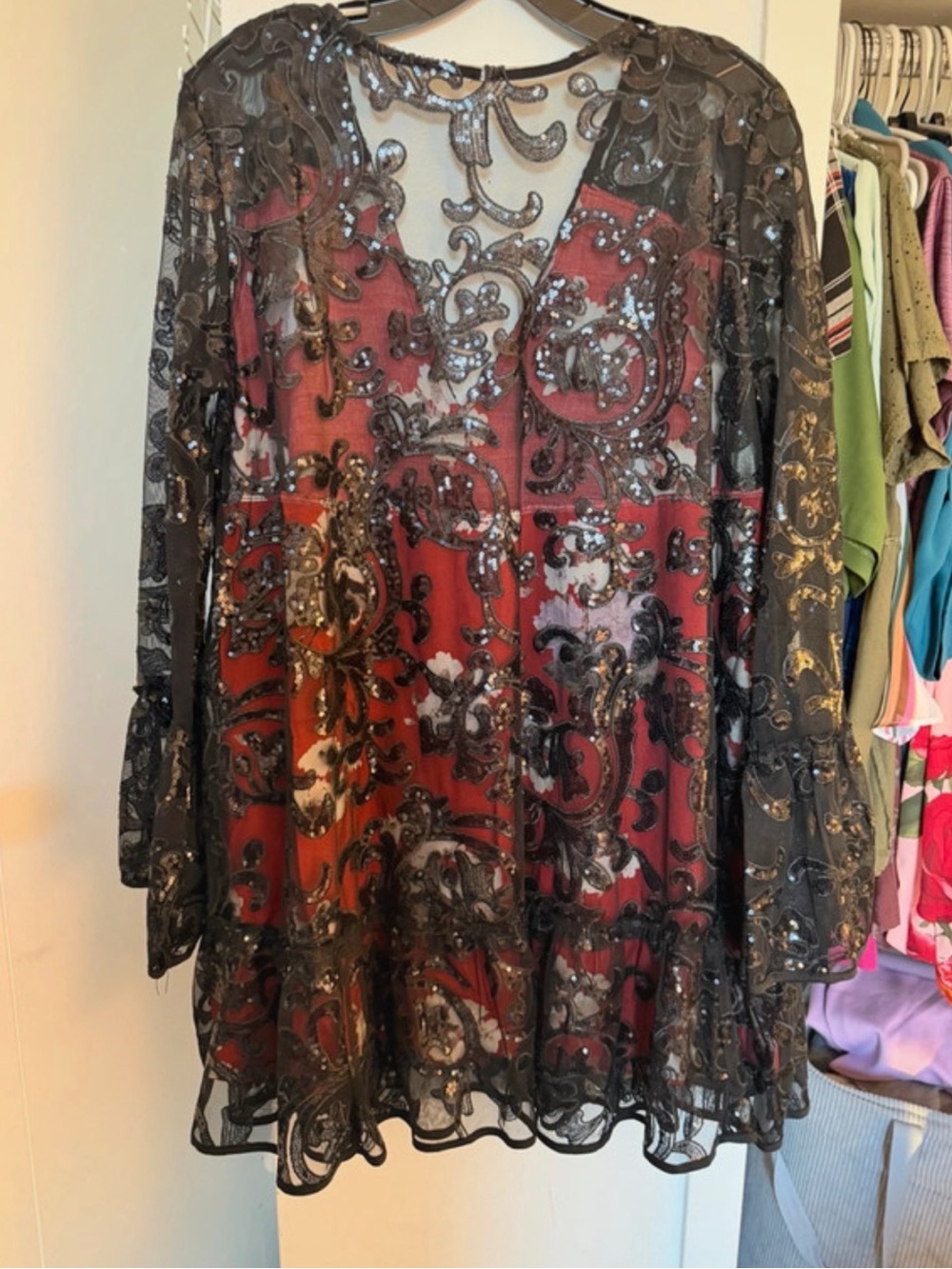 Free People Black Sheer Beaded Tunic with Red Floral Slip